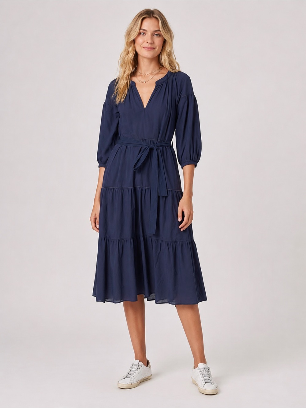 NWT! Xirena Annieka Navy Cotton Poplin Tiered Midi Dress 6066